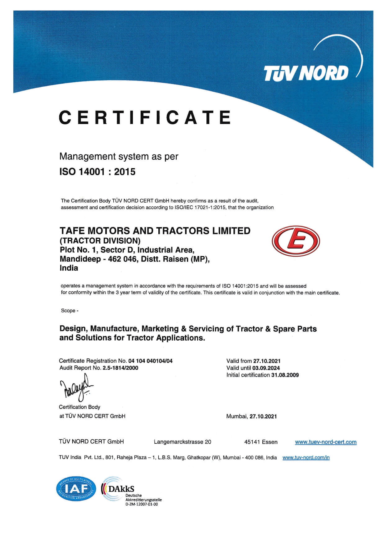 Certifications | Eicher Engines | ISO 14001 2015