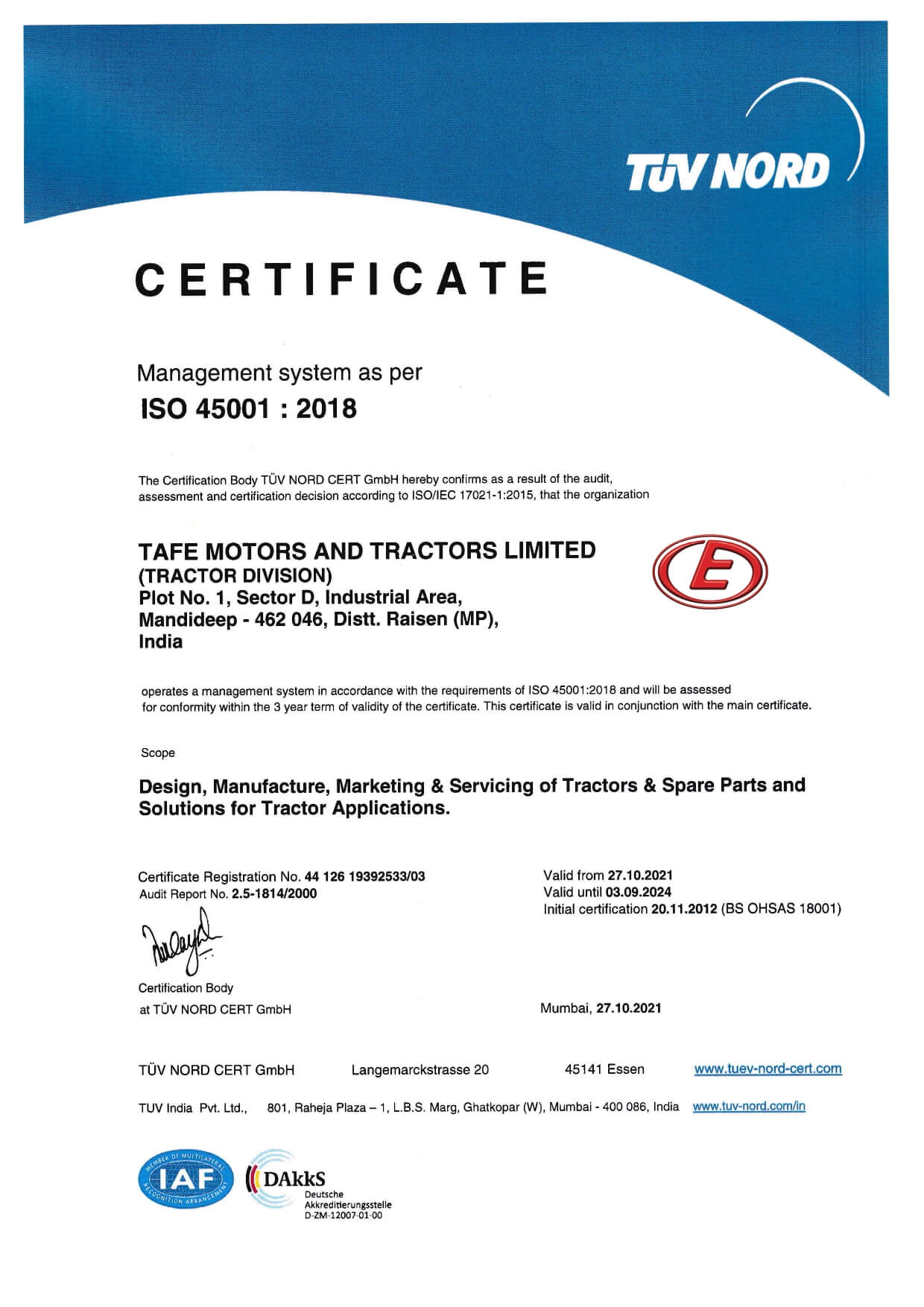 Certifications | Eicher Engines | ISO 45001 2018