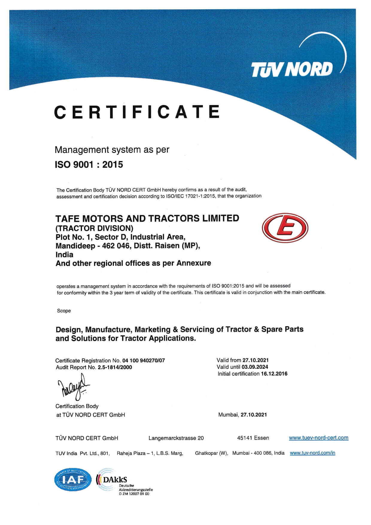 Certifications | Eicher Engines | ISO 9001 2015